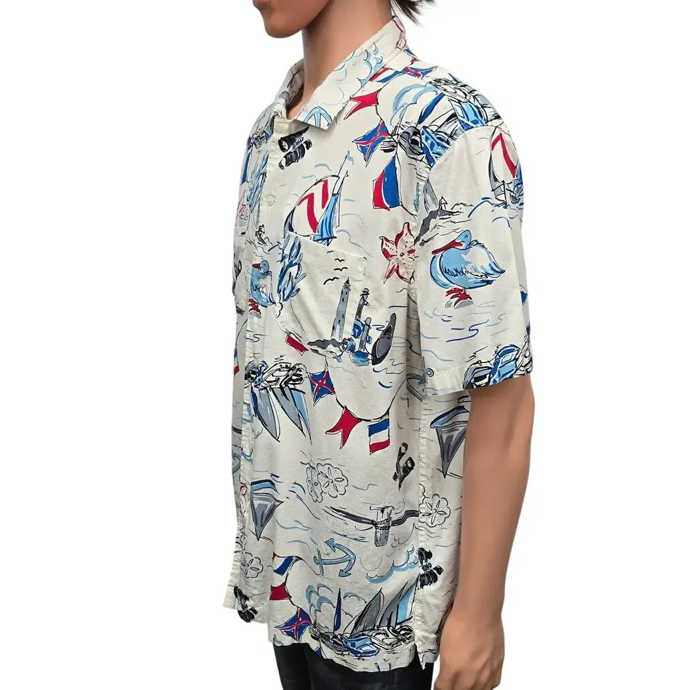 J. Crew camp-collar shirt Men XL Sailboat Nautical Print Short sleeve BH604